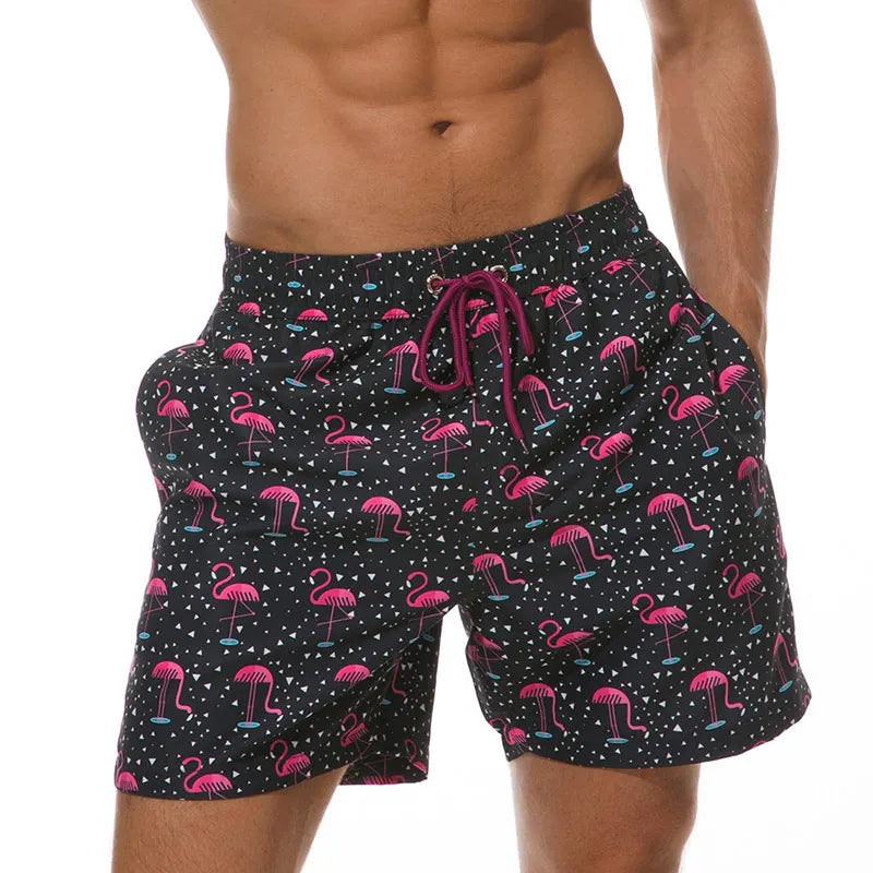 Men's Swim Shorts with Print, Pockets, and Drawstring