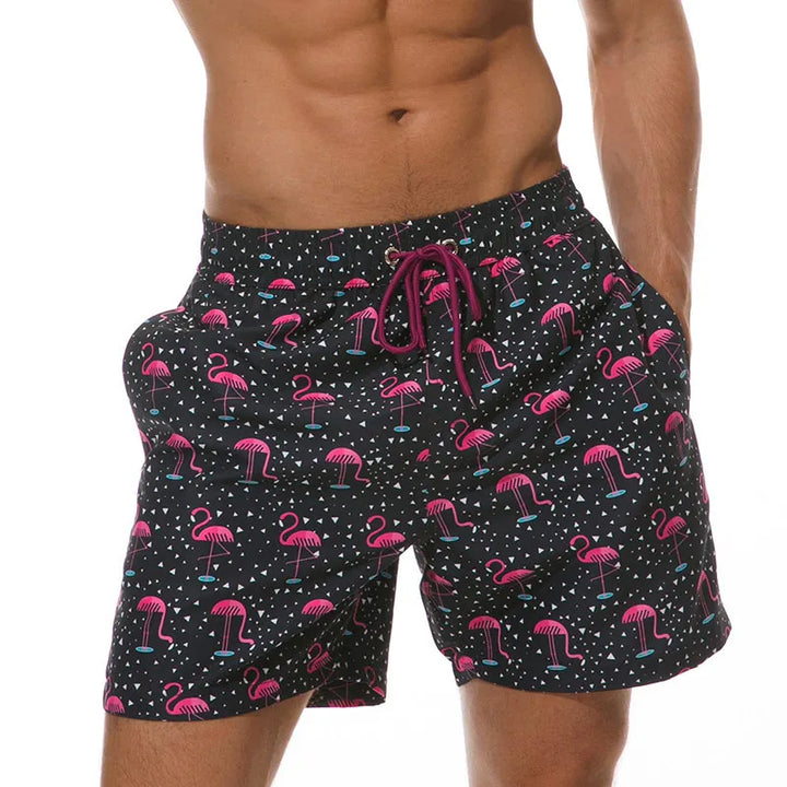 Men's Swim Shorts with Print, Pockets, and Drawstring