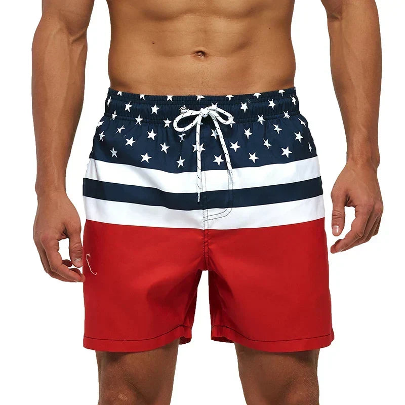 Men's Swim Shorts with Print, Pockets, and Drawstring