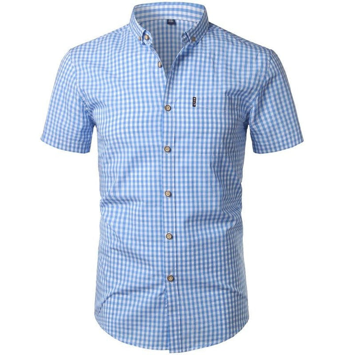 Men's short-sleeved checked shirt with button placket