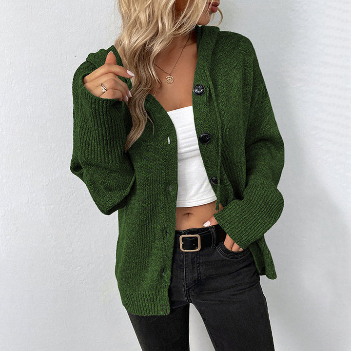 Women's Knitted Cardigan with Hood - Button-Up Loose Fit