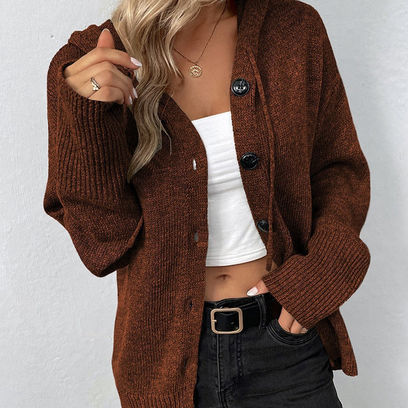 Women's Knitted Cardigan with Hood - Button-Up Loose Fit