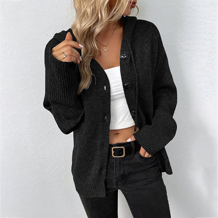 Women's Knitted Cardigan with Hood - Button-Up Loose Fit
