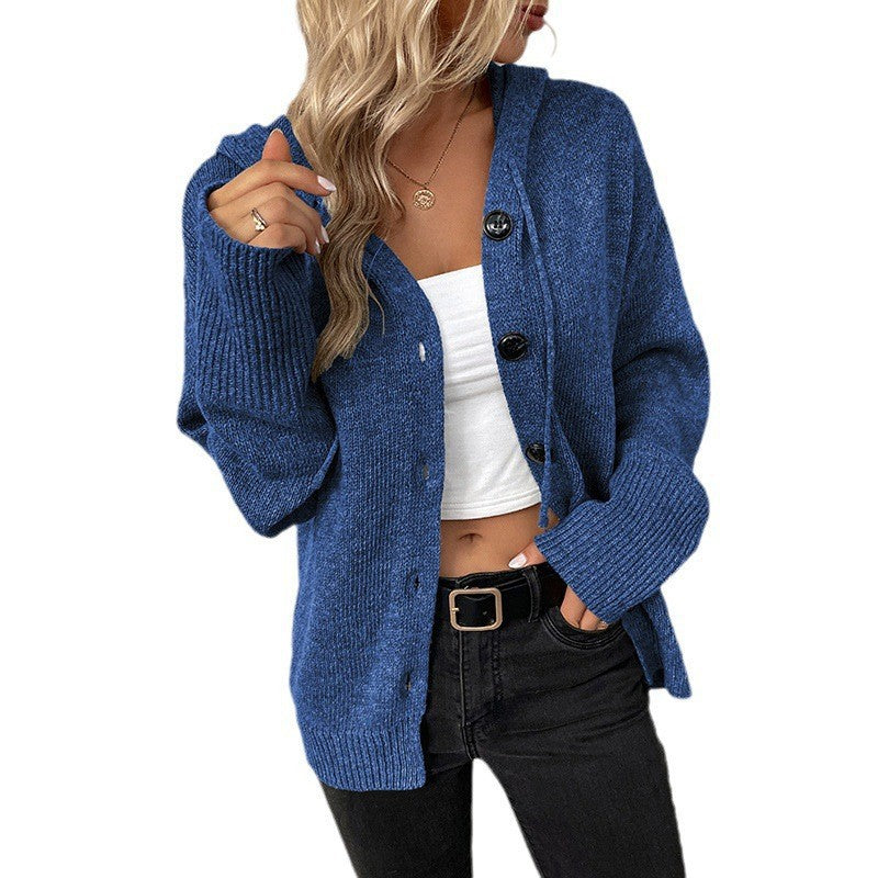 Women's Knitted Cardigan with Hood - Button-Up Loose Fit