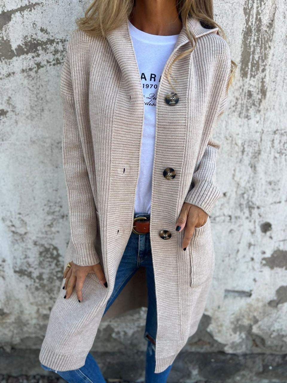 Ladies Long Knitted Cardigan with Hood and Pockets