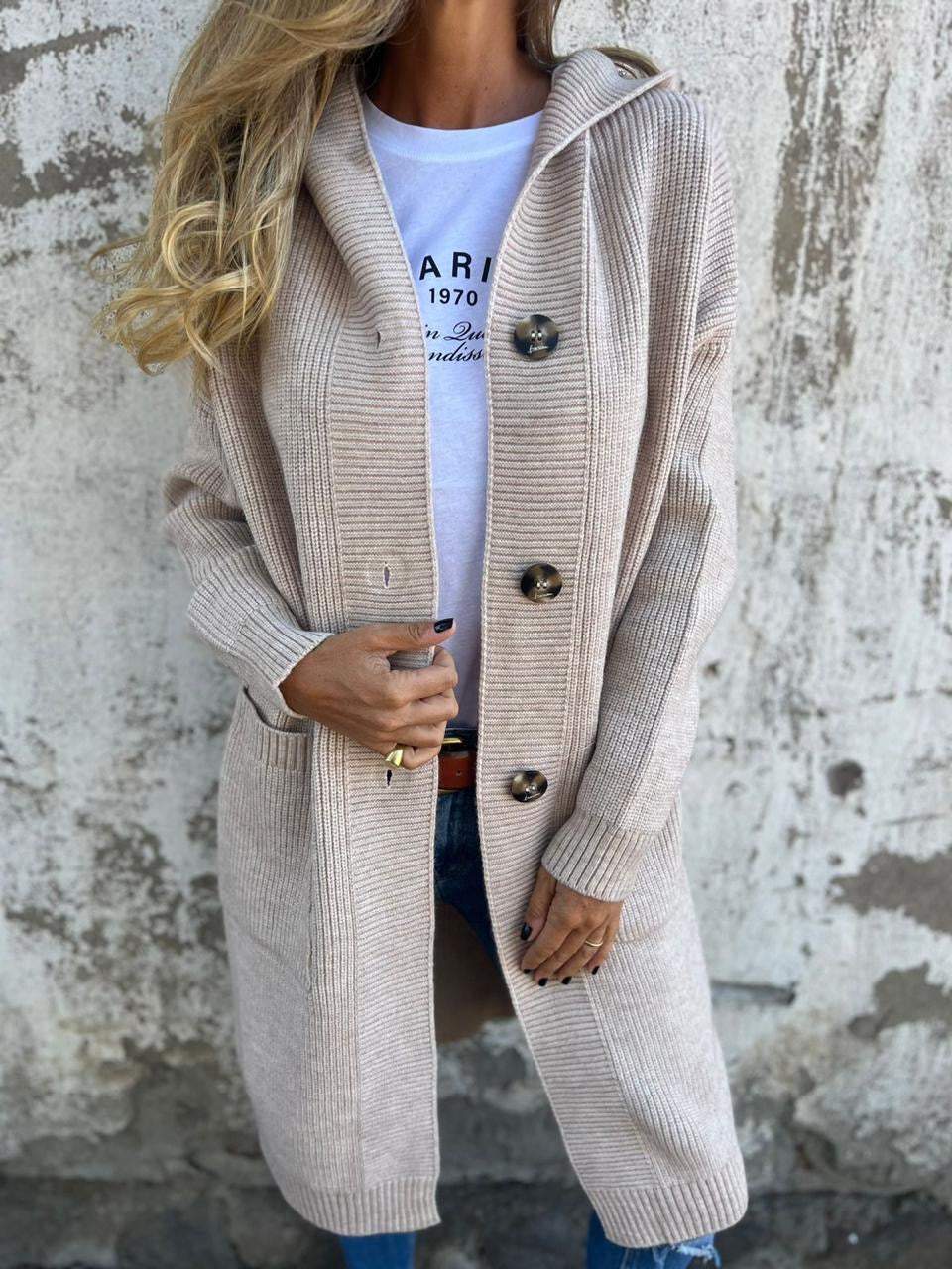 Ladies Long Knitted Cardigan with Hood and Pockets