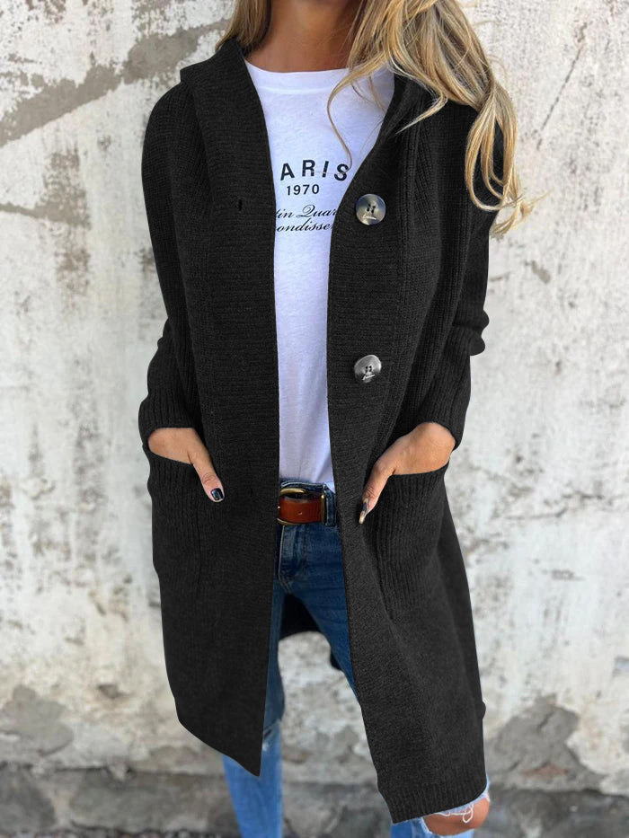 Ladies Long Knitted Cardigan with Hood and Pockets