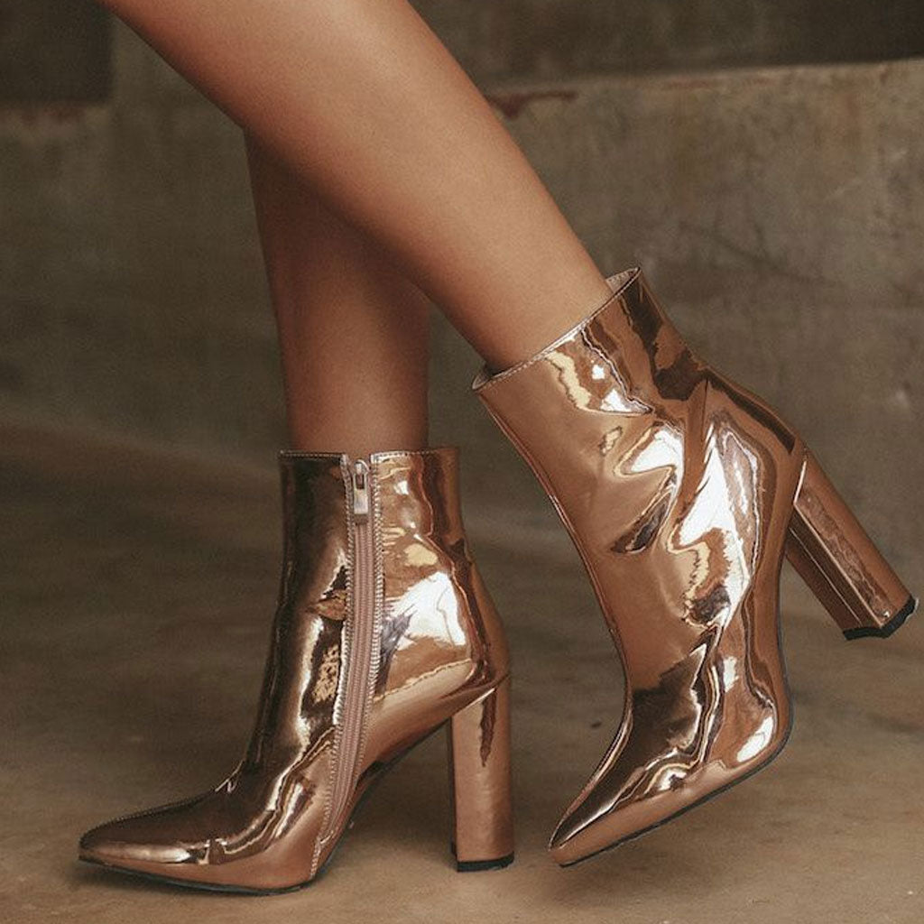 Abigail Ankle boots with side zipper and chunky metallic pointed heel, view 2 - Elena Harper