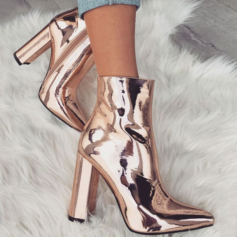 Abigail Ankle boots with side zipper and chunky metallic pointed heel, view 3 - Elena Harper