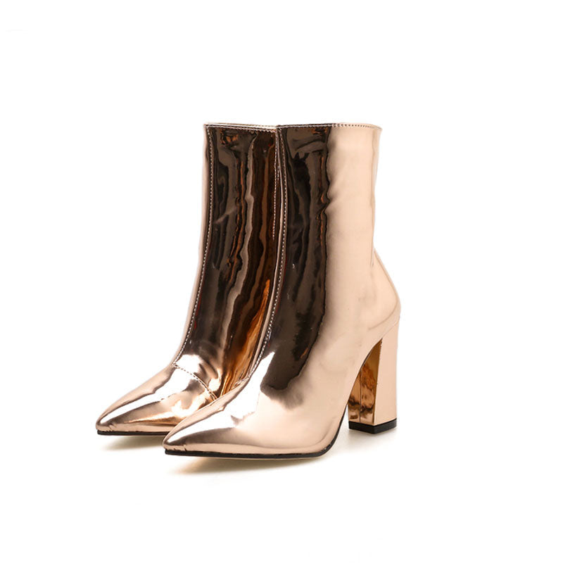 Abigail Ankle boots with side zipper and chunky metallic pointed heel, view 4 - Elena Harper