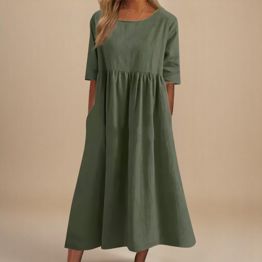 Rosie | Midi Dress Linen Half-Sleeve Gathered Waist Relaxed