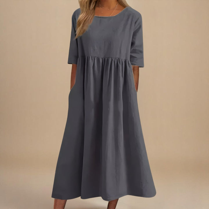 Rosie | Midi Dress Linen Half-Sleeve Gathered Waist Relaxed