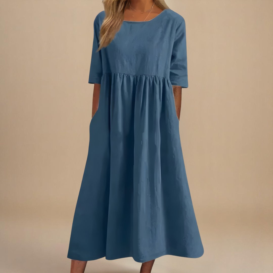 Rosie | Midi Dress Linen Half-Sleeve Gathered Waist Relaxed