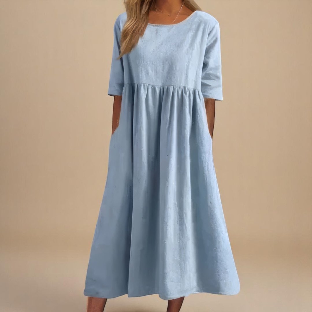 Rosie | Midi Dress Linen Half-Sleeve Gathered Waist Relaxed