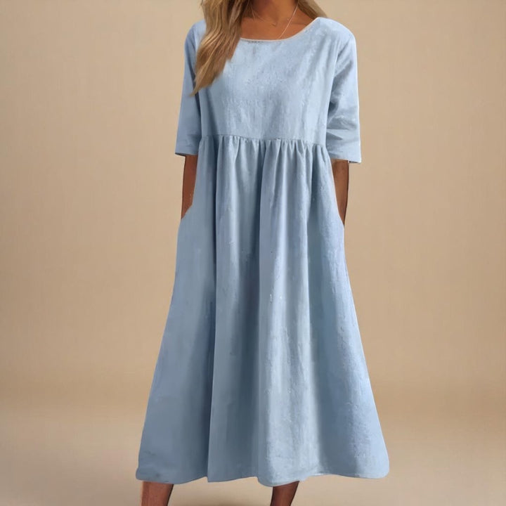 Rosie | Midi Dress Linen Half-Sleeve Gathered Waist Relaxed