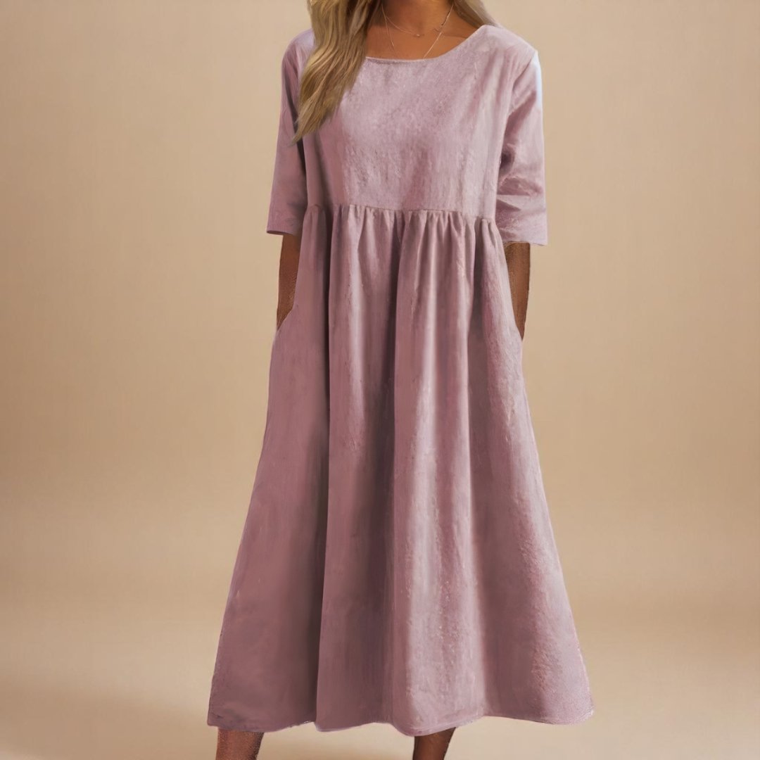 Rosie | Midi Dress Linen Half-Sleeve Gathered Waist Relaxed