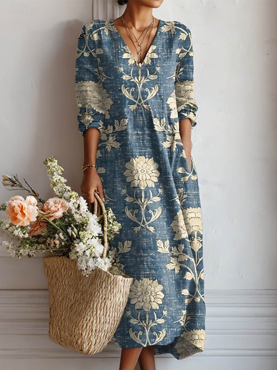 Evelyn | Midi Dress Linen V-Neck Floral Bohemian 3/4 Sleeve
