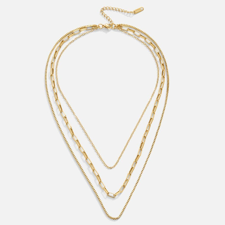 Miya™ luxury layered chain collar necklace with gold-tone links and delicate design, styled on a neutral background.