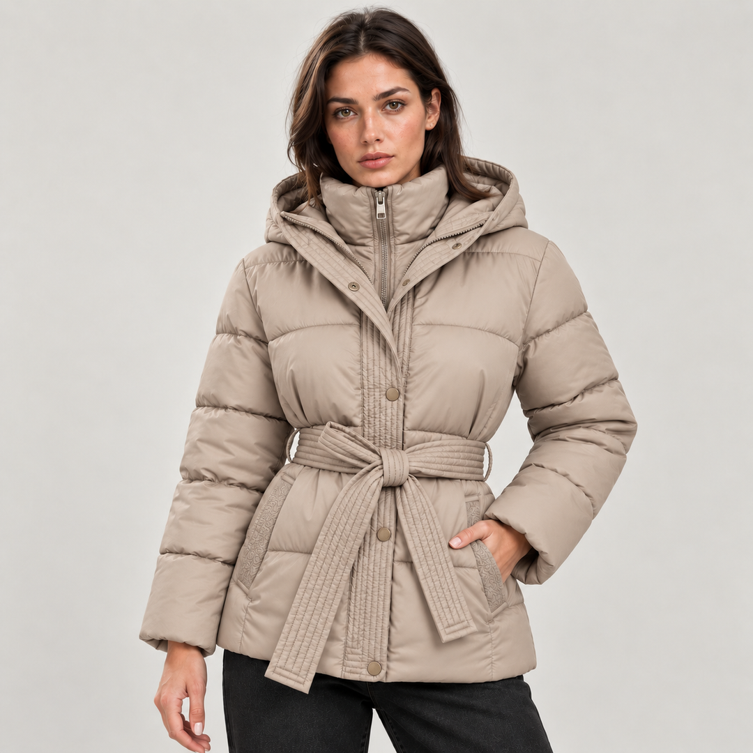 Montarello Women's Jacket Puffer Hooded Belted Quilted Zip