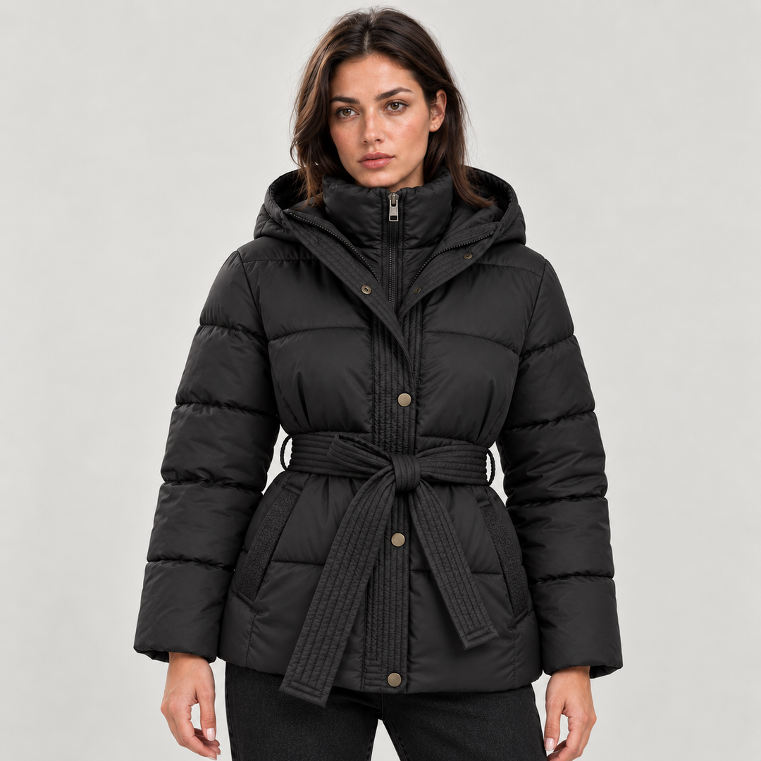 Montarello Women's Jacket Puffer Hooded Belted Quilted Zip