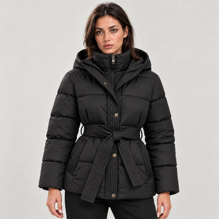 Montarello Women's Jacket Puffer Hooded Belted Quilted Zip