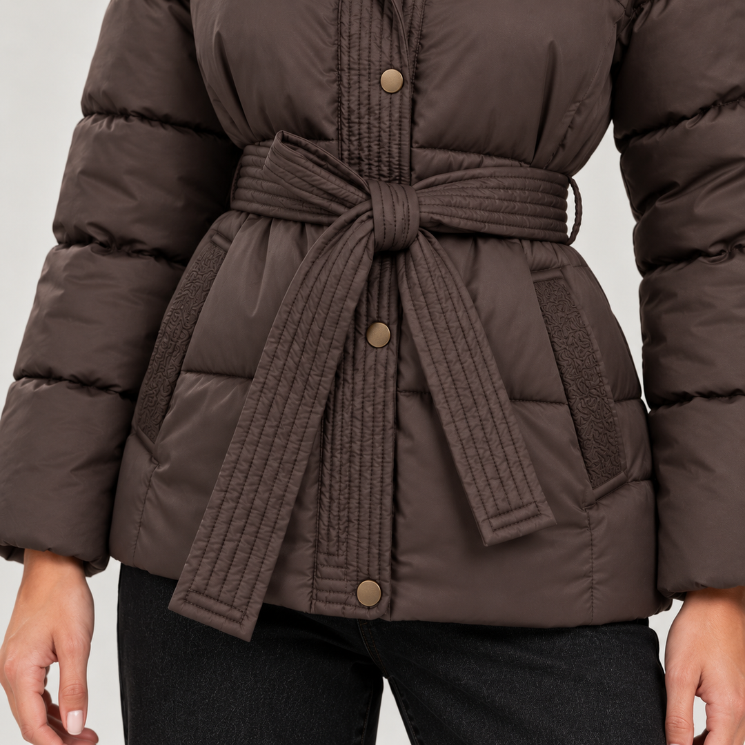 Montarello Women's Jacket Puffer Hooded Belted Quilted Zip