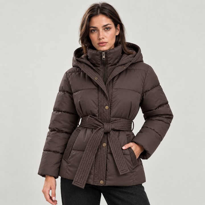 Montarello Women's Jacket Puffer Hooded Belted Quilted Zip