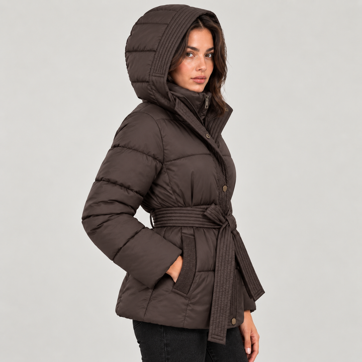 Montarello Women's Jacket Puffer Hooded Belted Quilted Zip