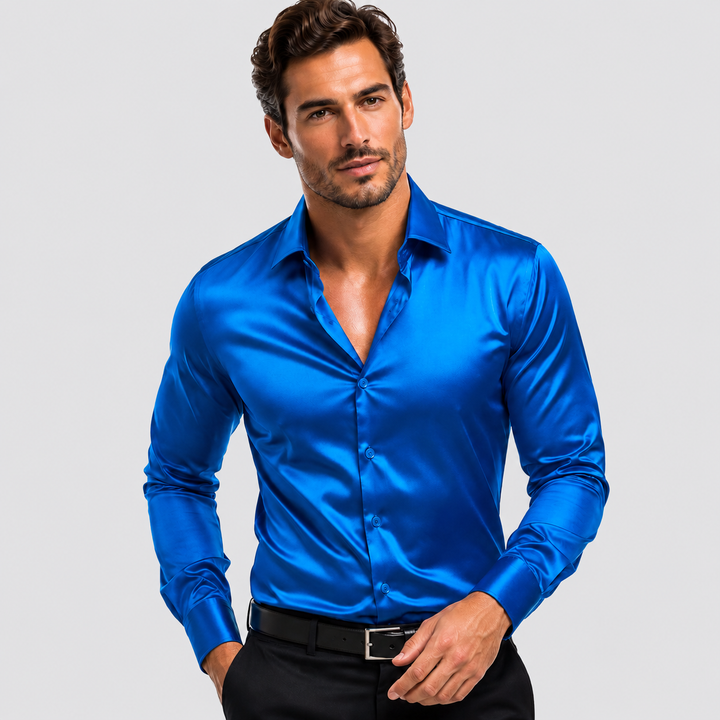 Montarello Casual Elegant Shirt for Men, Italian Collar, Satin Look, Long Sleeves