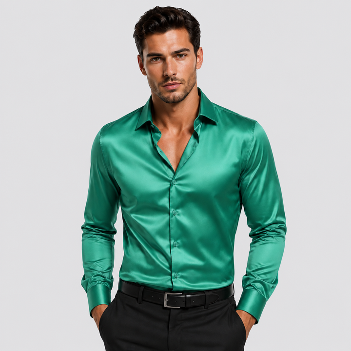 Montarello Casual Elegant Shirt for Men, Italian Collar, Satin Look, Long Sleeves