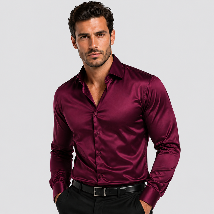 Montarello Casual Elegant Shirt for Men, Italian Collar, Satin Look, Long Sleeves
