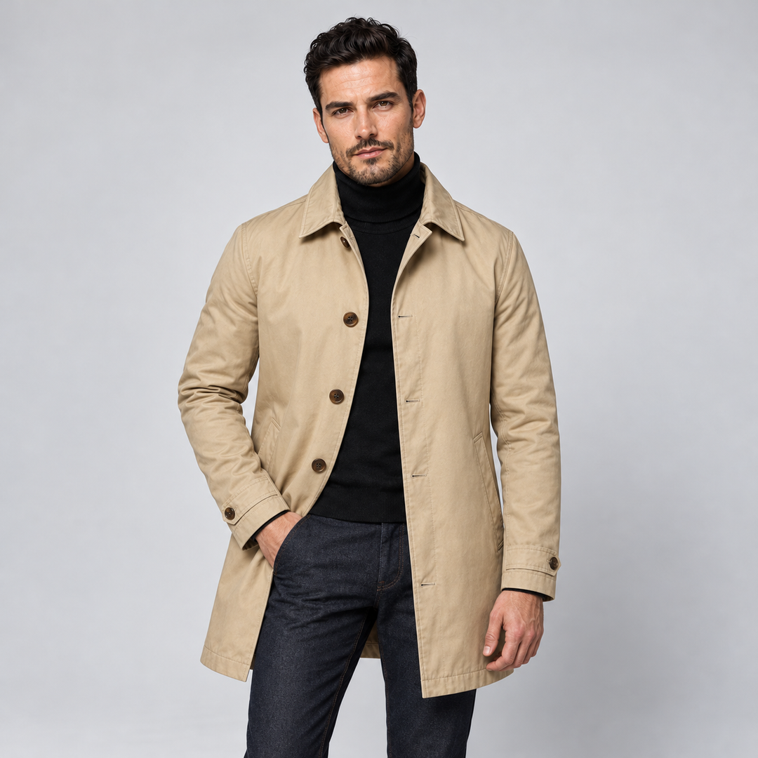 Montarello Men's Coat, Tailored Fit, Long, Buttoned Front