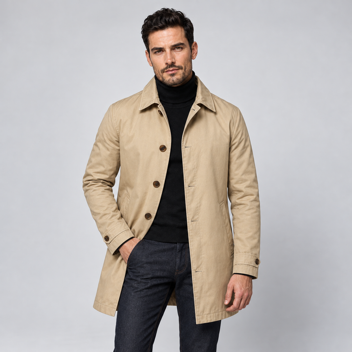 Montarello Men's Coat, Tailored Fit, Long, Buttoned Front