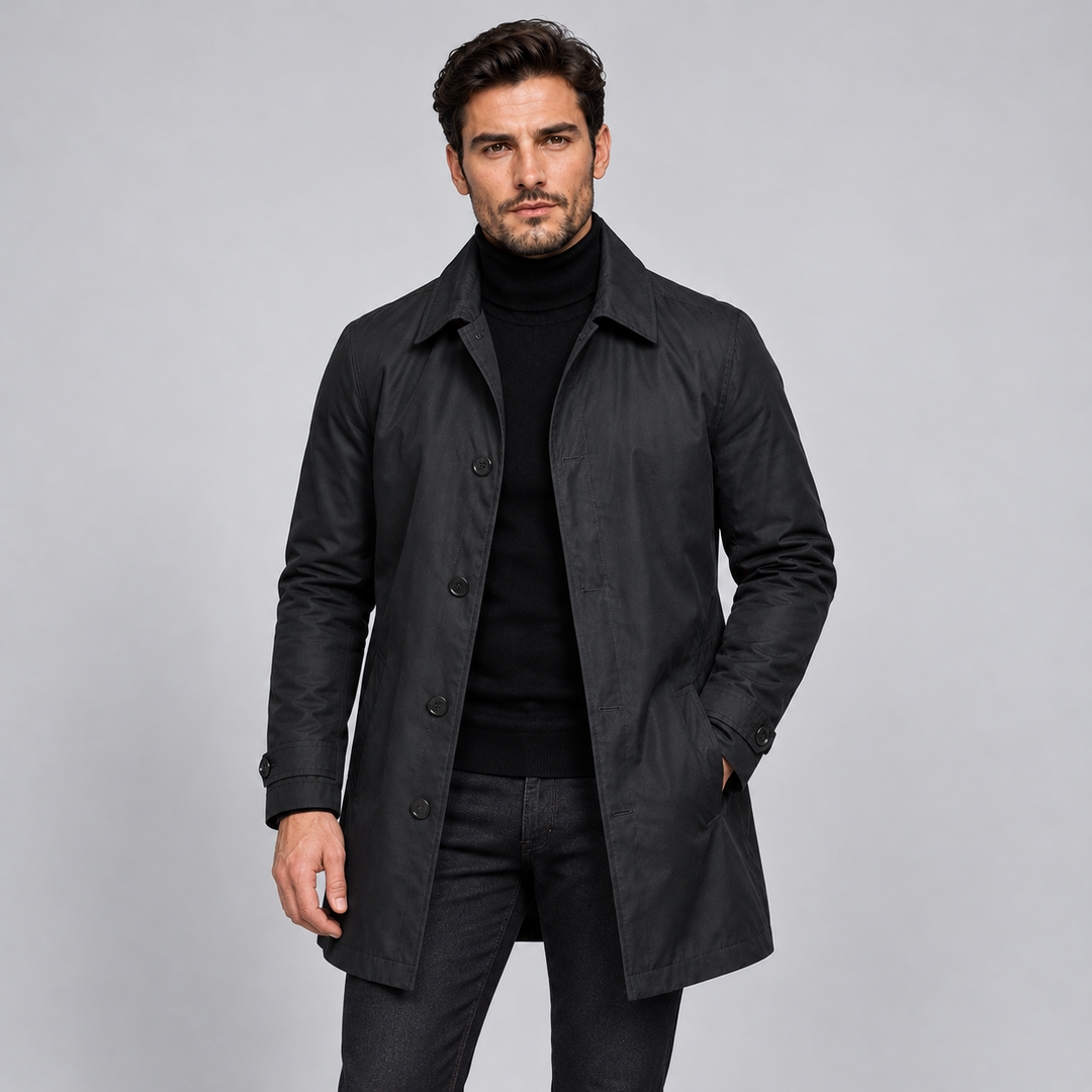 Montarello Men's Coat, Tailored Fit, Long, Buttoned Front