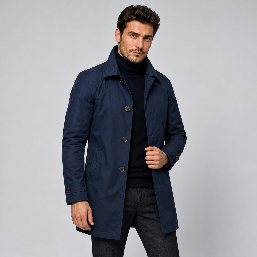 Montarello Men's Coat, Tailored Fit, Long, Buttoned Front