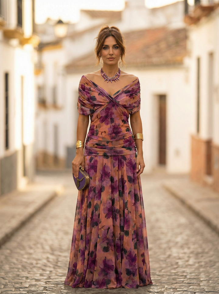 Leo | Elegant V-neck long gathered dress for women | Wedding