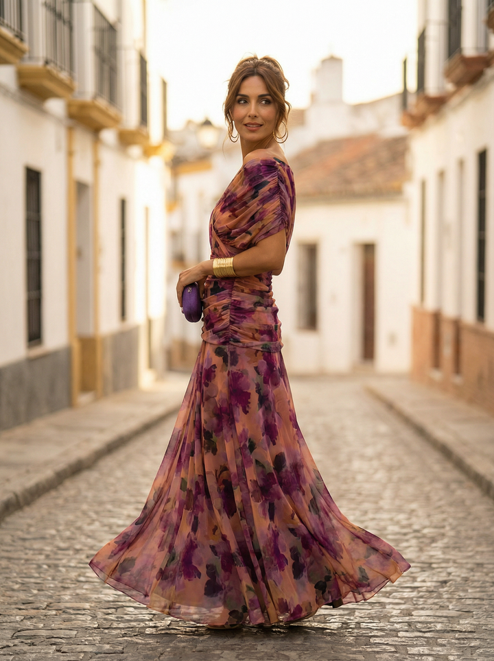 Leo | Elegant V-neck long gathered dress for women | Wedding