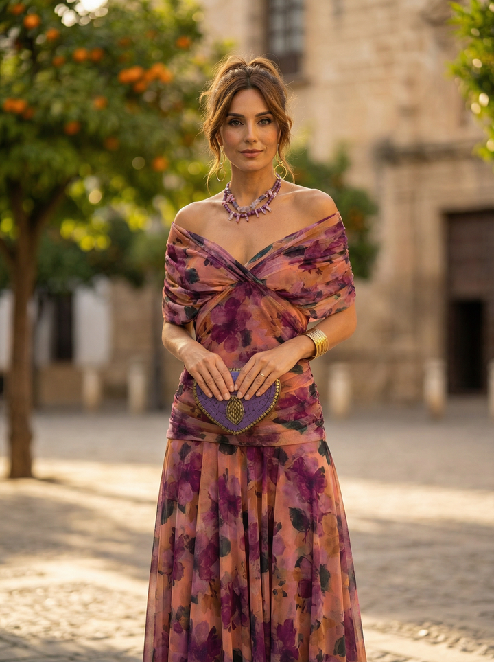 Leo | Elegant V-neck long gathered dress for women | Wedding