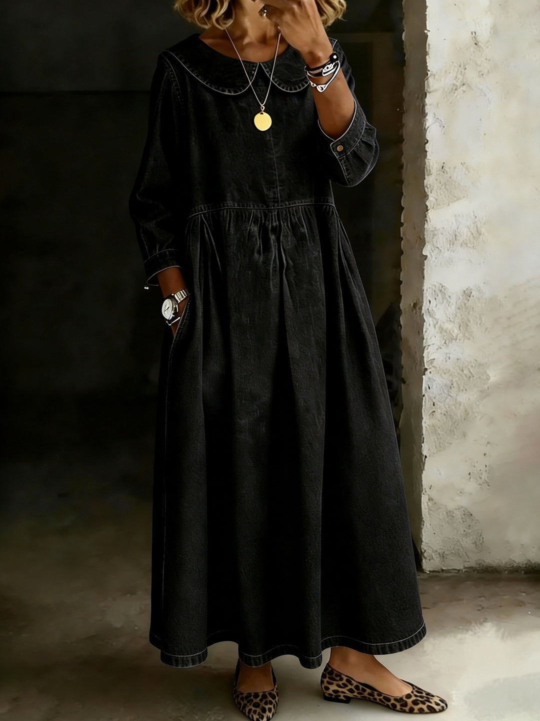 Dasol Jeans Dress with Long Sleeves, view 2 - Elena Harper