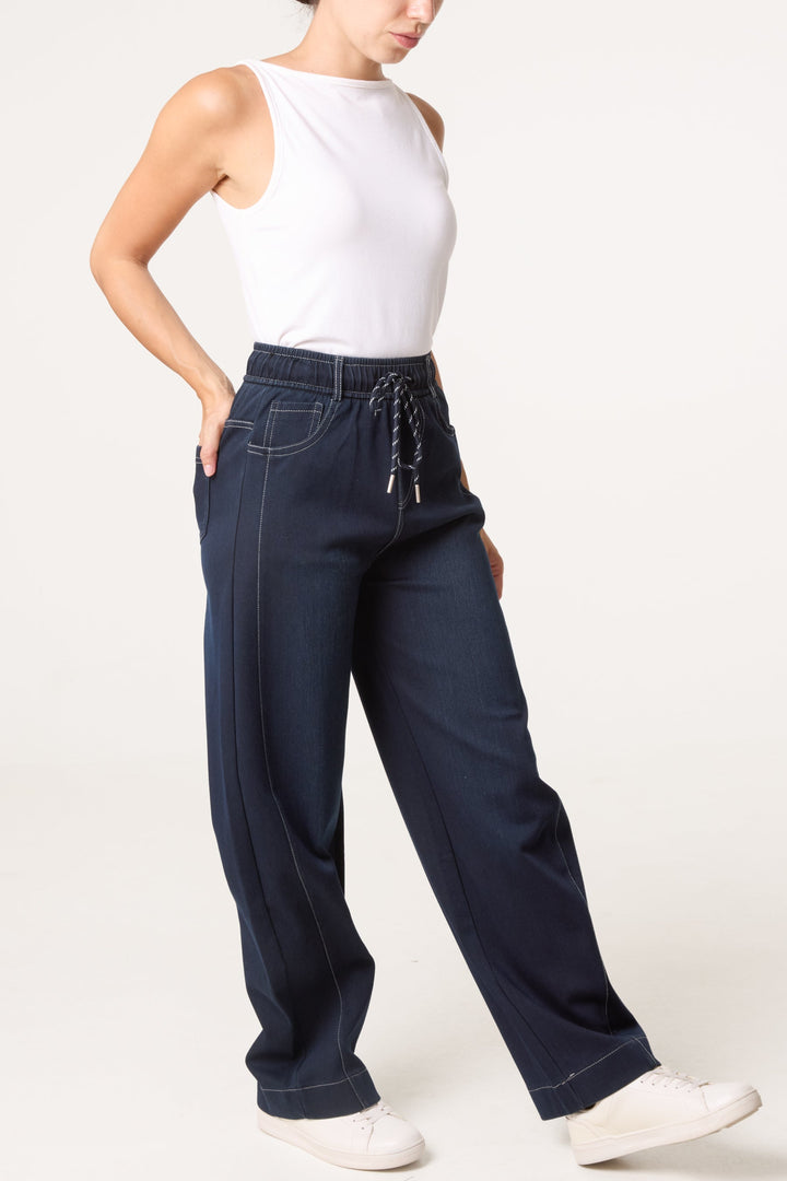 Ladies Barrel Leg Jeans Stretch Denim Indigo, view 2 - Elena Harper