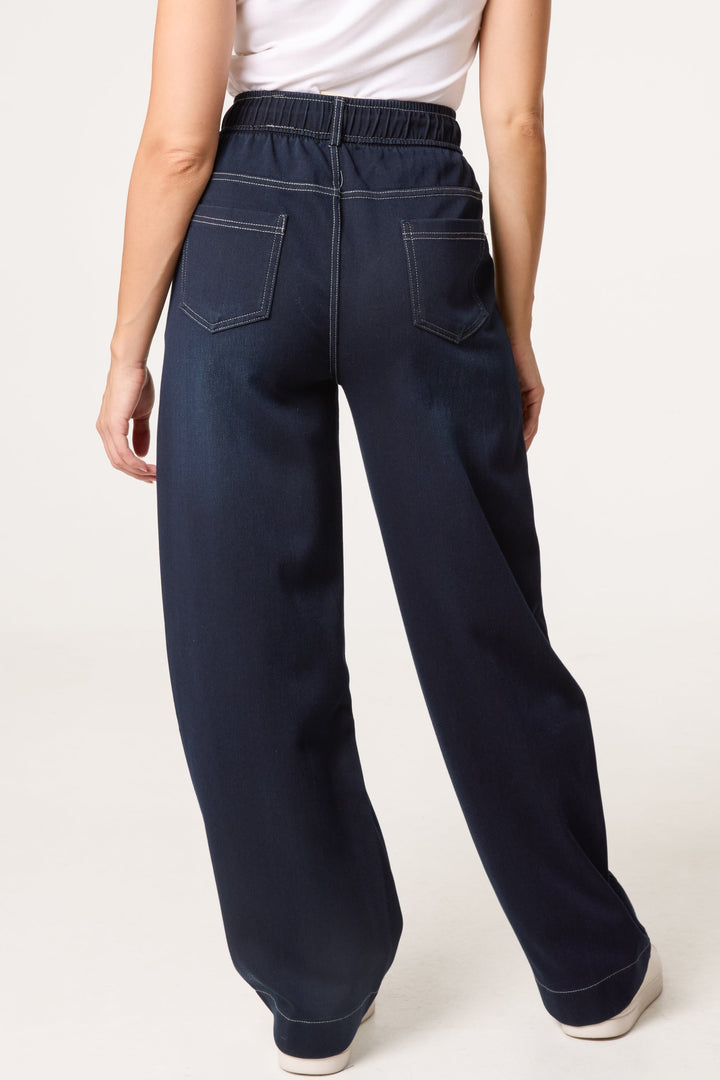 Ladies Barrel Leg Jeans Stretch Denim Indigo, view 4 - Elena Harper