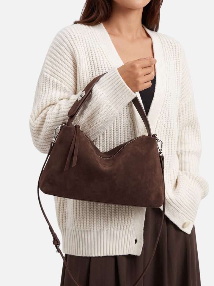 Women's Zip-Top Faux Suede Shoulder Bag