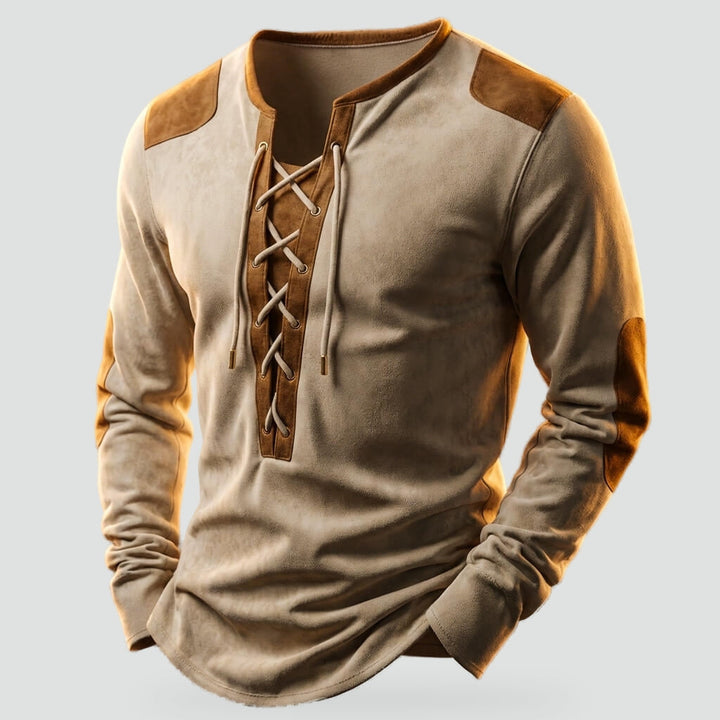 Nonchalant Long Sleeve with Laced Neck and Contrast Panels for Men