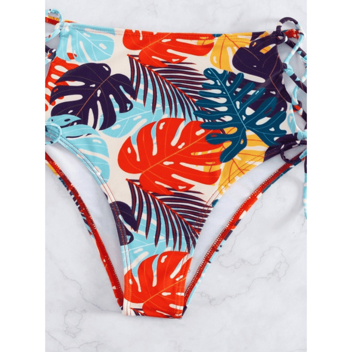 Exotic Oasis bikini set by Emma & Rose Manhattan featuring a colorful, patterned two-piece swimsuit on a model.