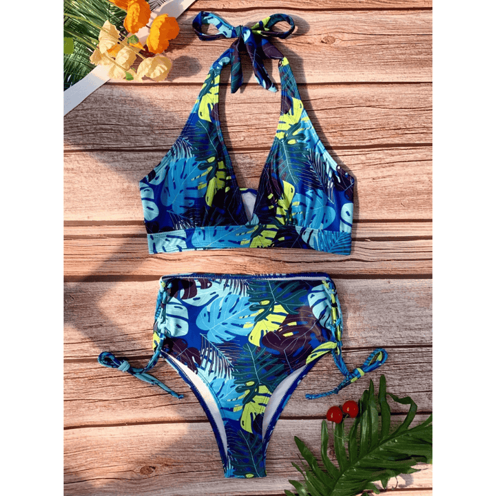 Exotic Oasis bikini set by Emma & Rose Manhattan featuring a vibrant, patterned bikini top and matching bottoms on a mannequin.