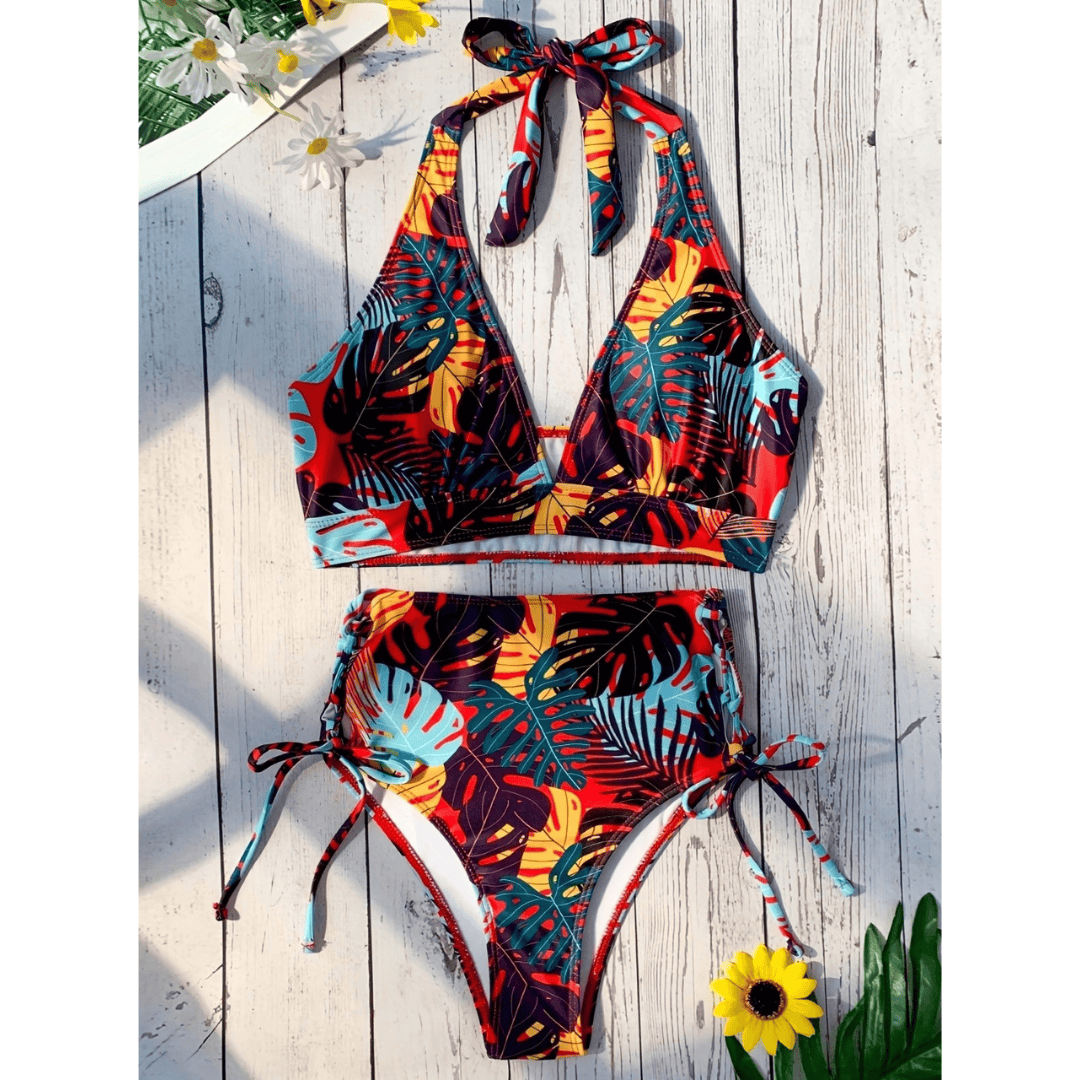 Exotic™ Oasis bikini set by Emma & Rose Manhattan, featuring a colorful tropical print and adjustable bikini top and bottoms.