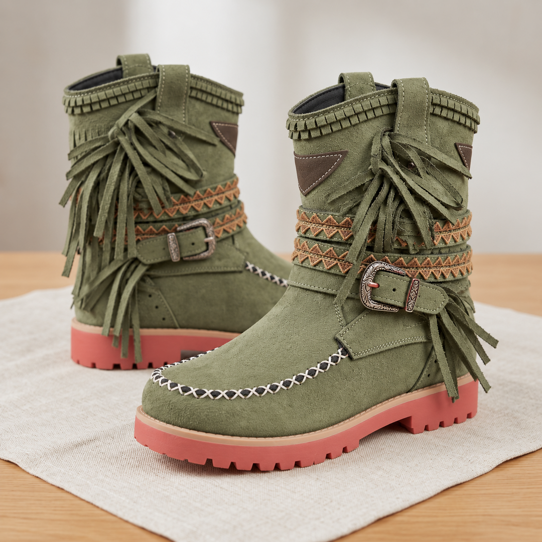 Women's Western Suede Boots with Fringe and Non-Slip Sole