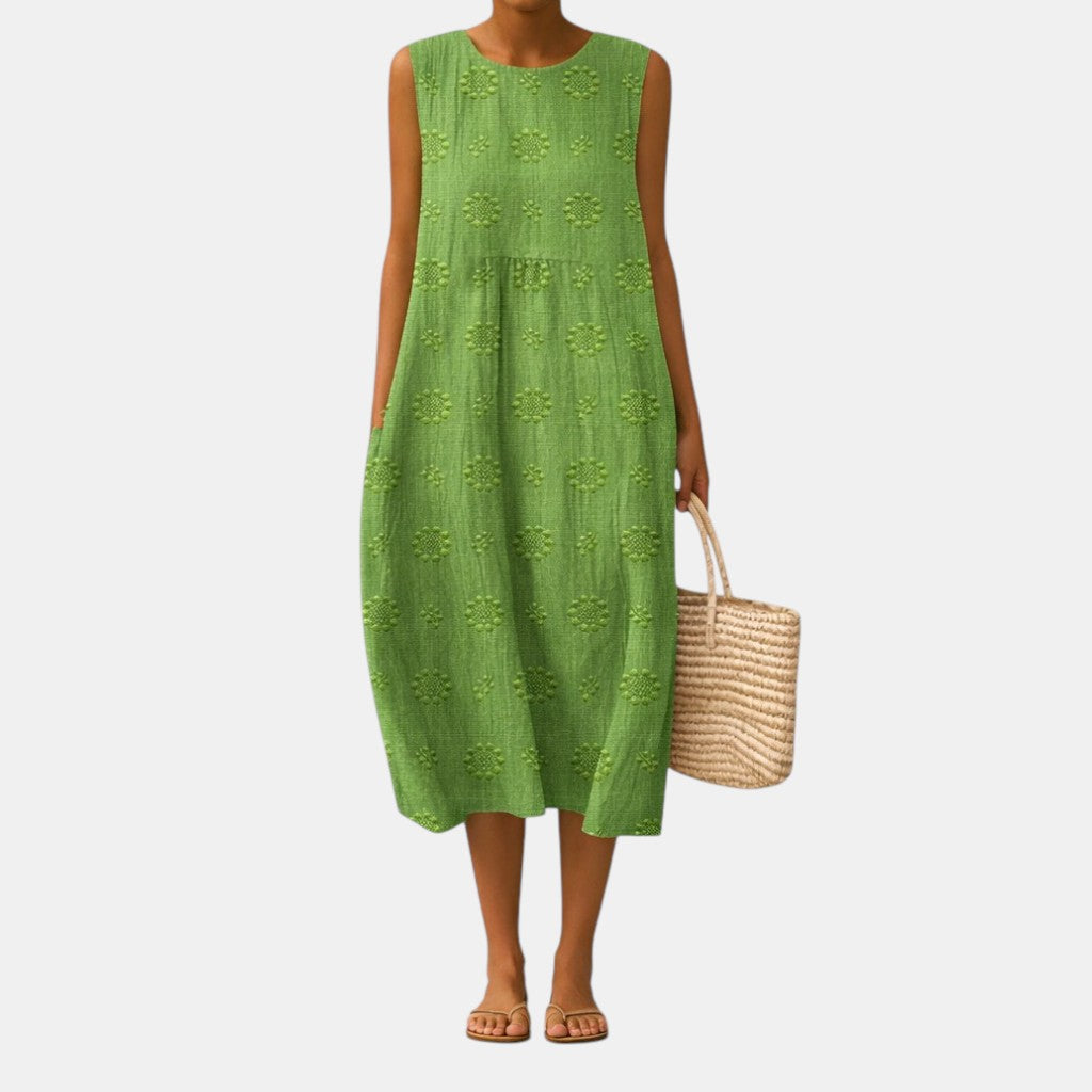Green Embroidered Sleeveless Midi Dress for Women, view 2 - Elena Harper