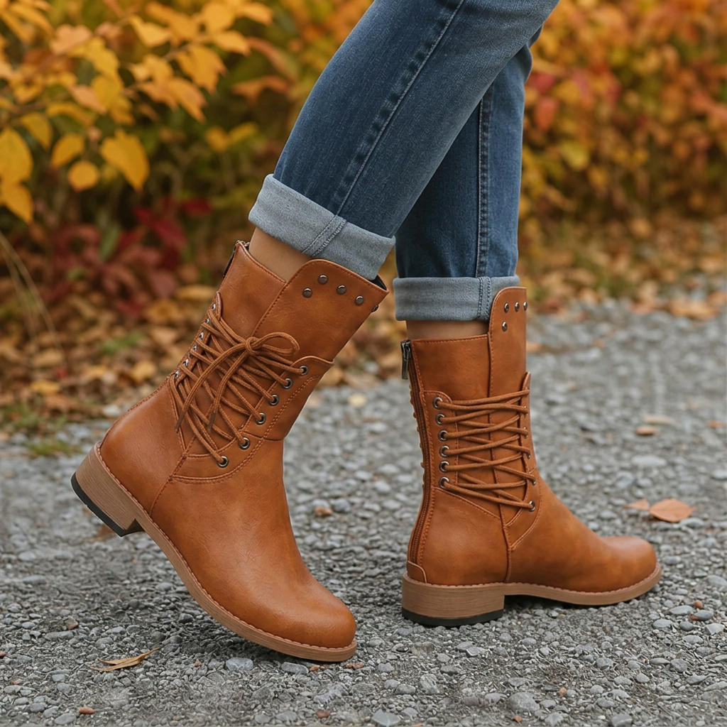 Calvera Adjustable Wrap-Lace Mid-Calf Combat Boots - Elena Harper
