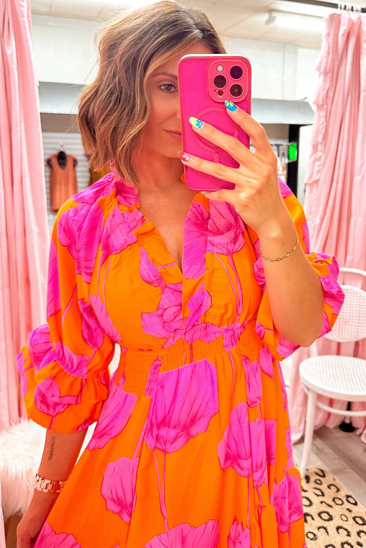 Orange Floral Print Frill Smocked V Neck 3/4 Sleeve Maxi Dress